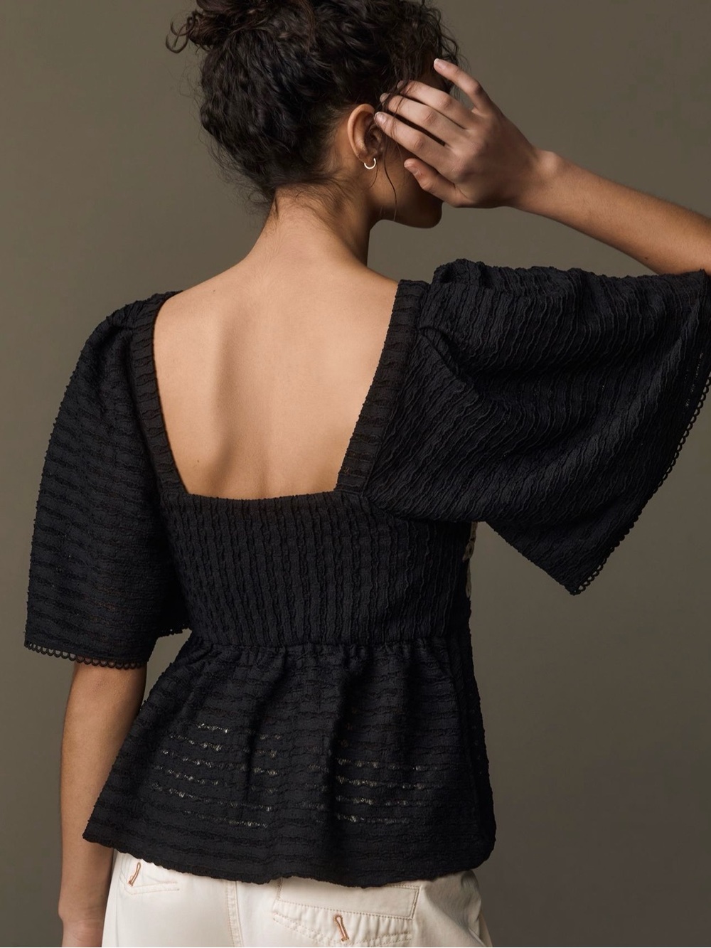 Anthropologie x Sarah Hann Black Flutter-Sleeve Crochet Top - size large - Picture 2 of 11